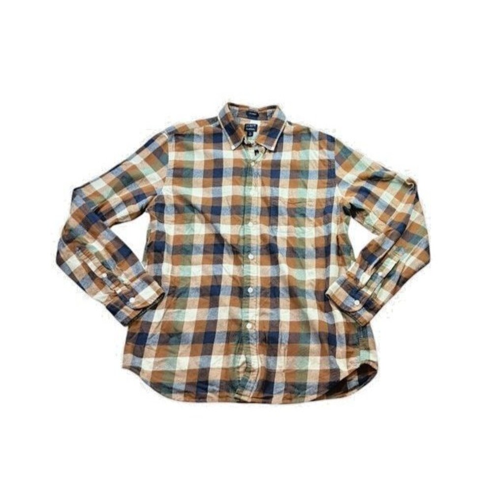 J.Crew Mens Flannel Shirt Size Large Classic Fit Brown Blue Check Plaid Preppy
